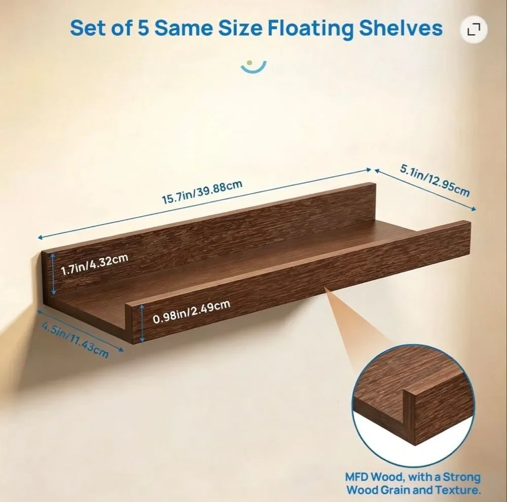 Set of 5 Brown Floating Shelves Each 16” New in Box